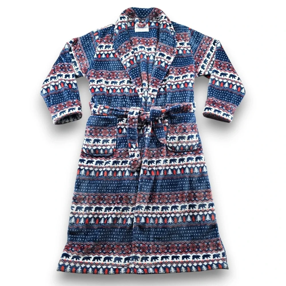 Chubbies Robe Mens One Size Blue Red Fair Isle Bear Fleece Belted Pockets Posh